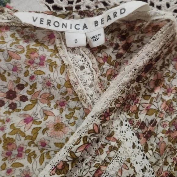 Veronica Beard Cream Brown green pink Mini Dress lace tiered l/s sz 8 - Picture 6 of 7